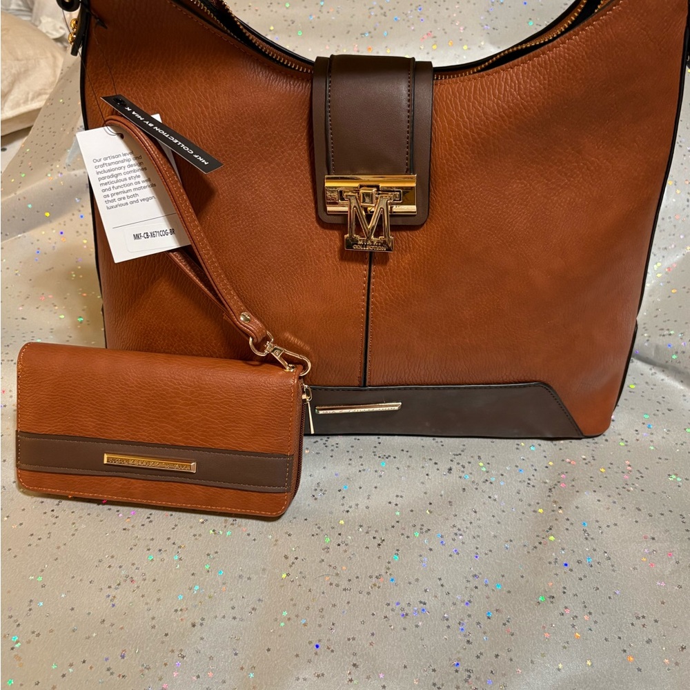 BRAND NEW 2 pc MKF Carmel Brown & Brown vegan Leather Tote & Wallet Set